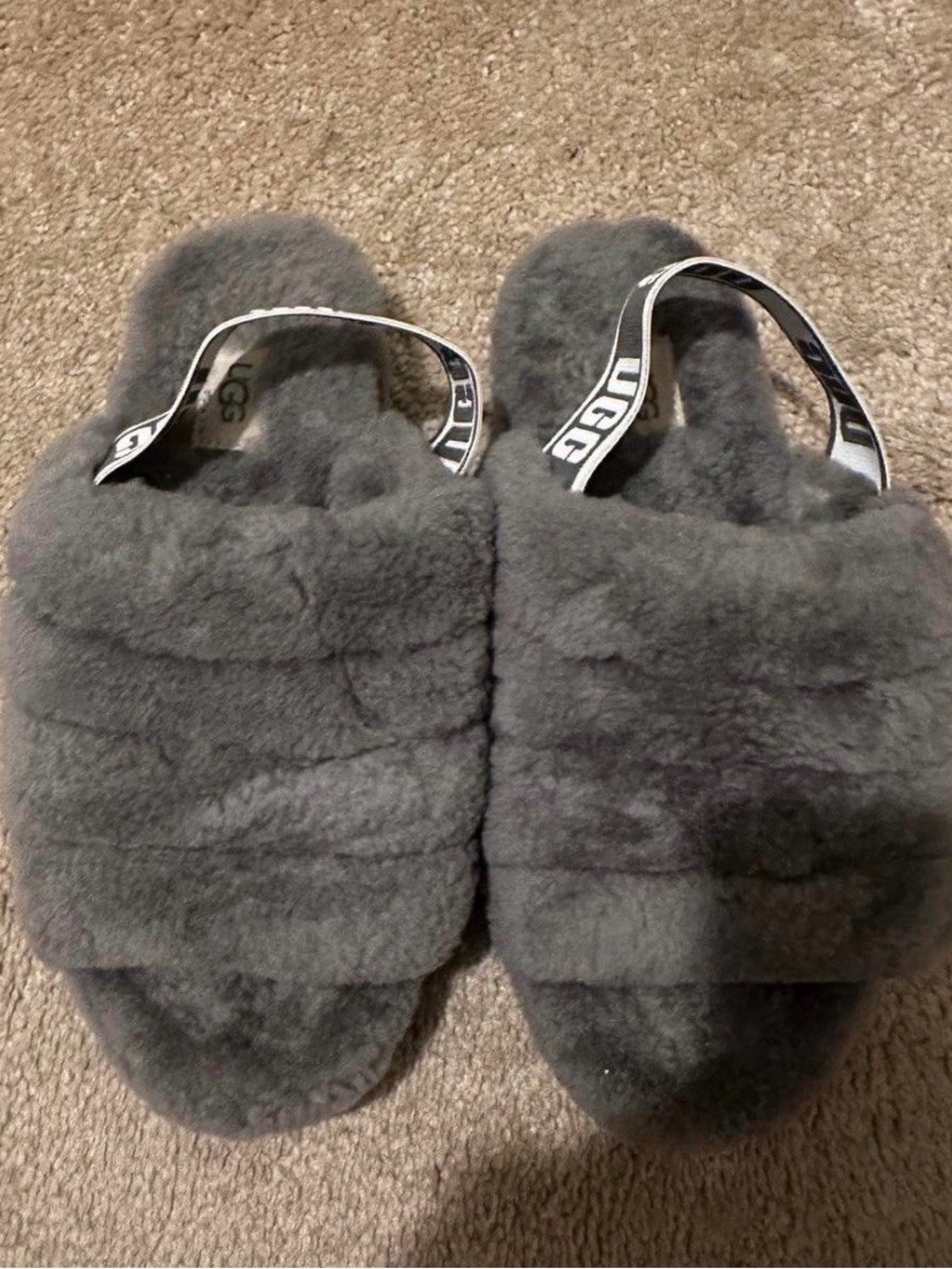 UGG Charcoal Fuzzy Slide with Branded Heel Strap